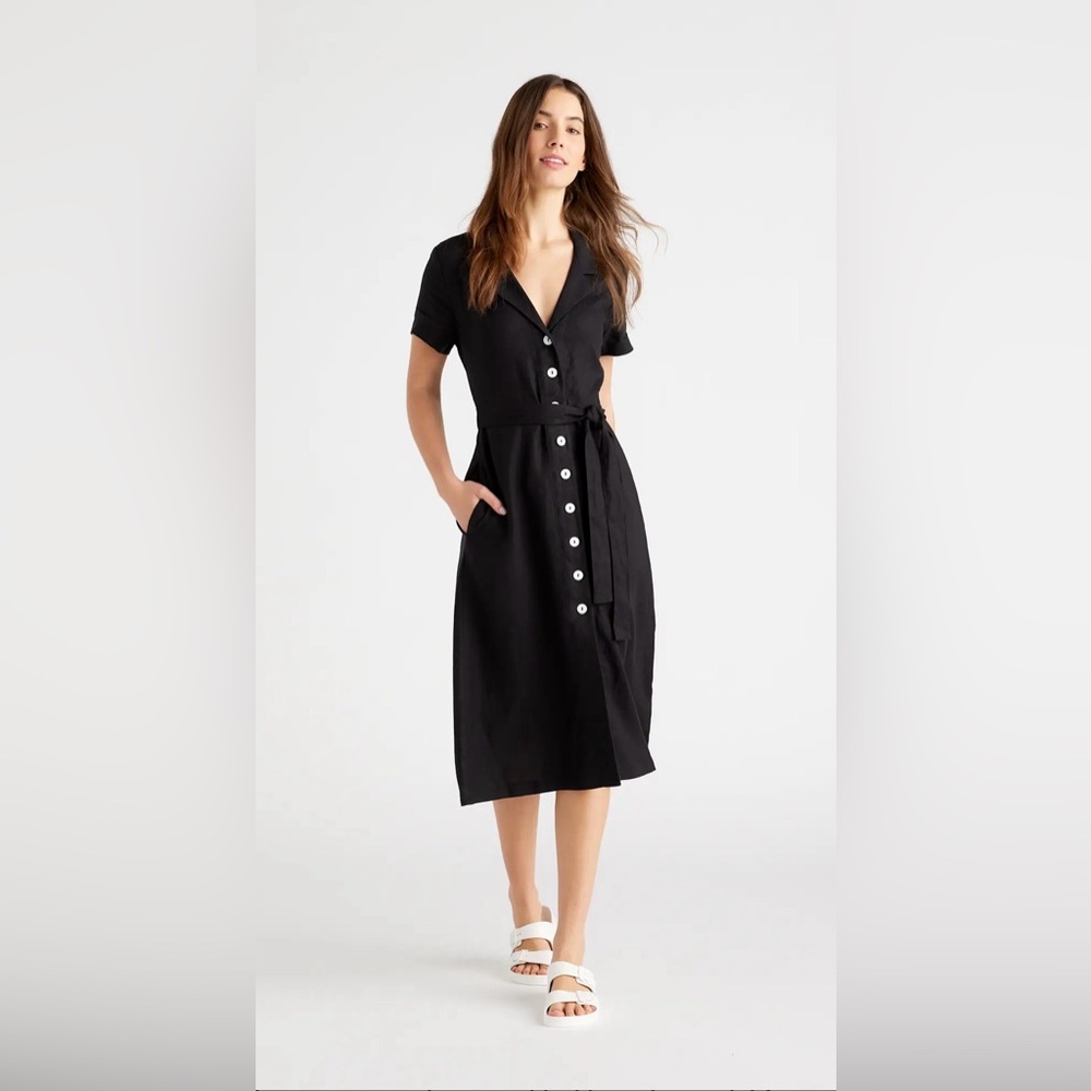 Quince Black 100% European Linen Button-Front Midi Dress